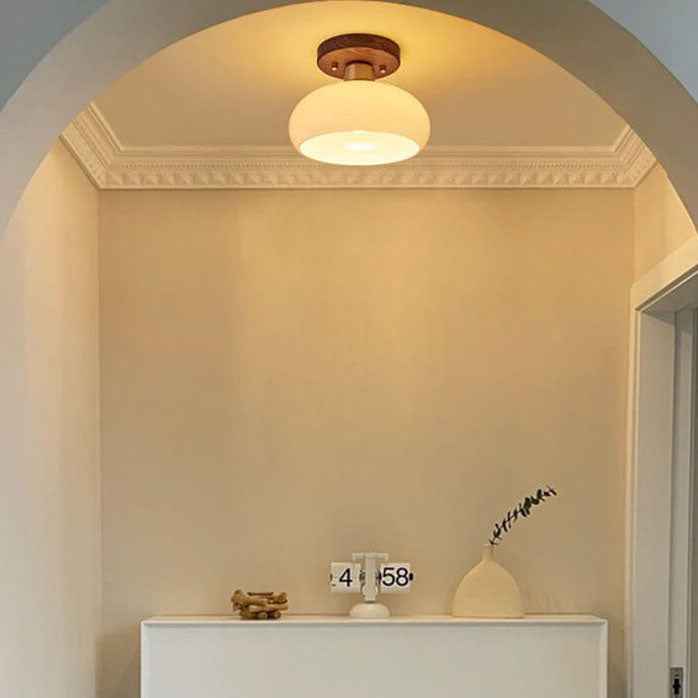 Artistic Vintage Walnut and Brass Round Semi-Flush Mount Ceiling Light with One Bulb