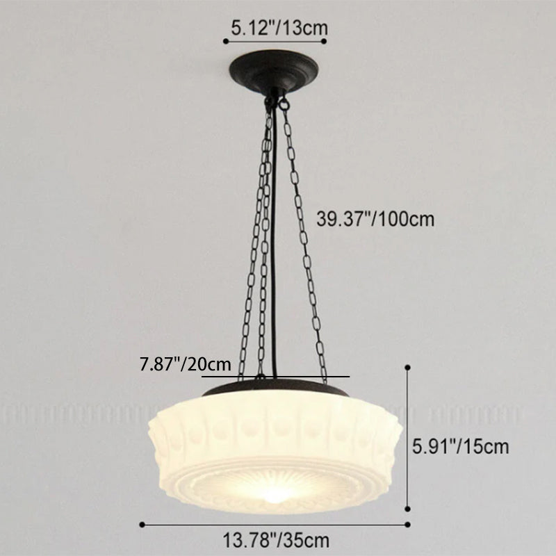 Vintage French White Jade Glass Striped Round Drum LED Semi-Flush Mount Ceiling Light