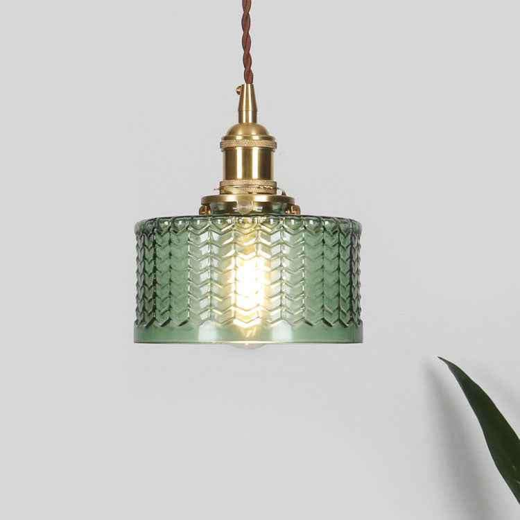 Vintage Japanese Brass and Glass Round Pendant Light with One Bulb