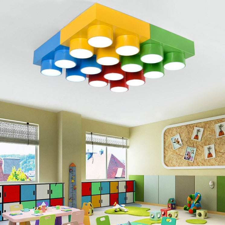 Modern Square Iron LED Flush Mount Ceiling Light for Bedroom - Creative Building Block Design