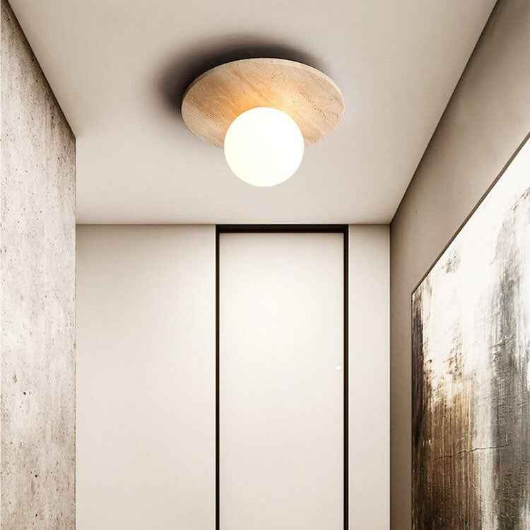 Classic Vintage Round Travertine 1-Light Flush Mount Ceiling Fixture for Hallways