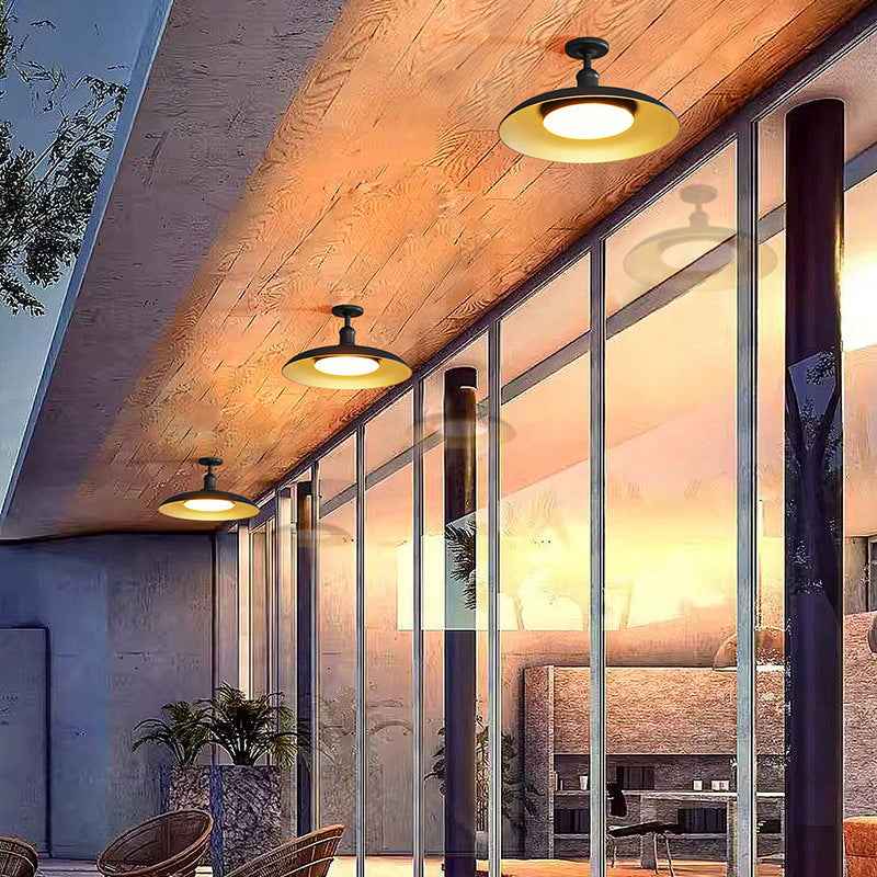 Modern Scandinavian Carbonized Steel Round Waterproof 1-Light Semi-Flush Mount Ceiling Light for Outdoor Patios