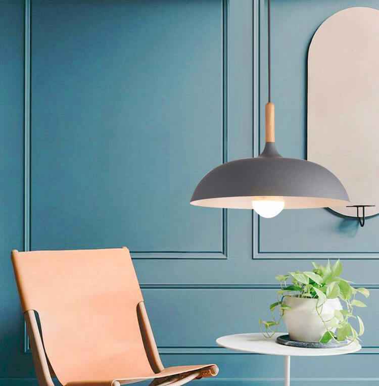 Contemporary Metal Pendant Light with Wooden Top - 1-Light Dome Design