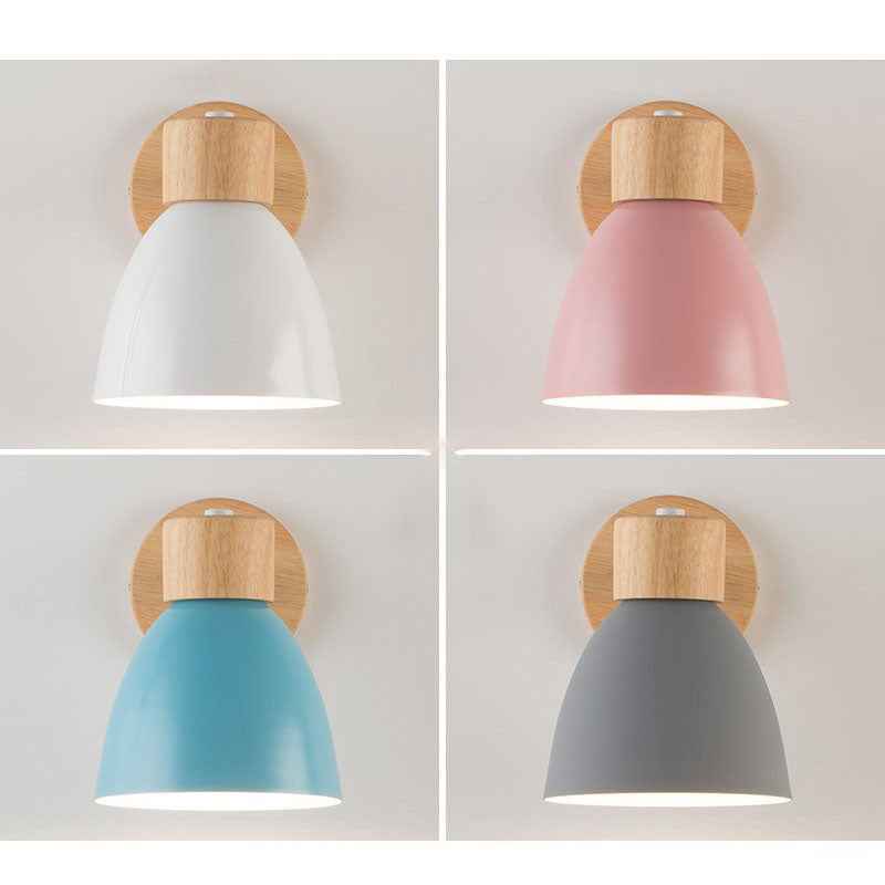 Contemporary Minimalist Solid Color Macaron Iron Wood Wall Sconce Lamp with Single Light