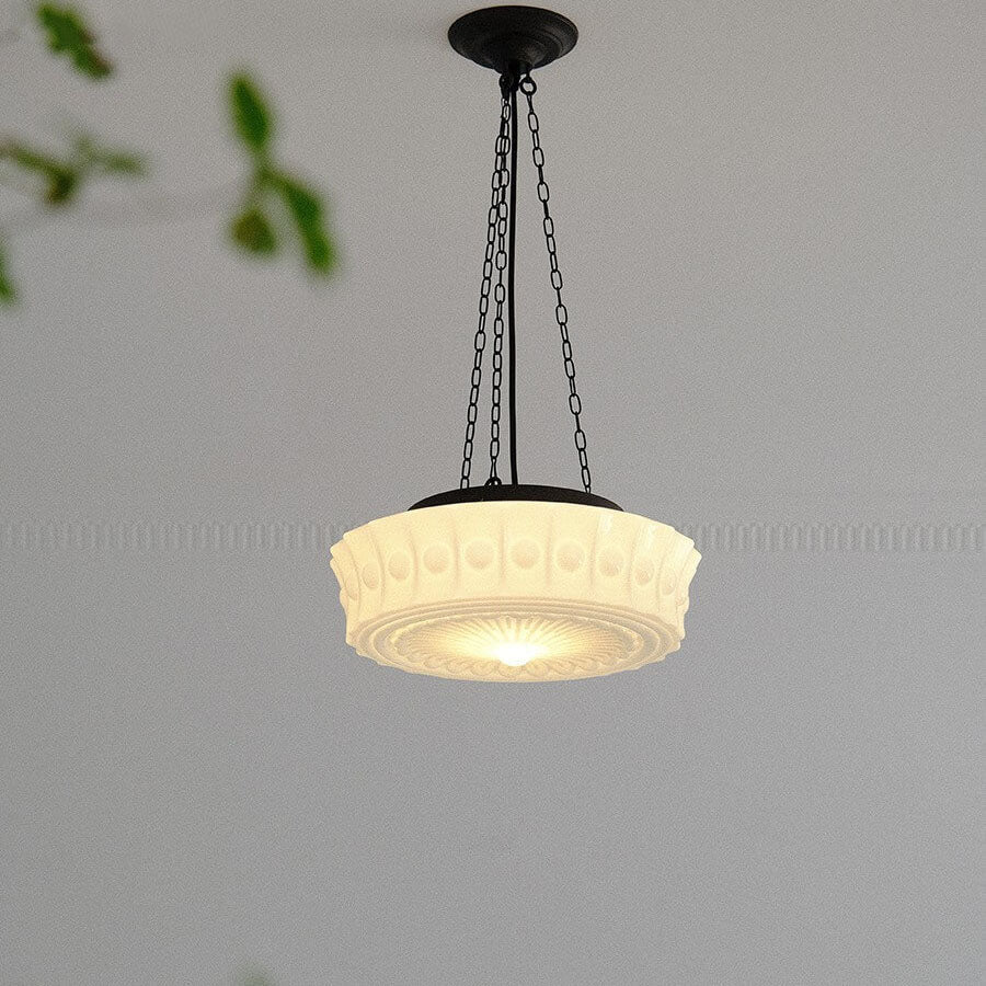 Vintage French White Jade Glass Striped Round Drum LED Semi-Flush Mount Ceiling Light