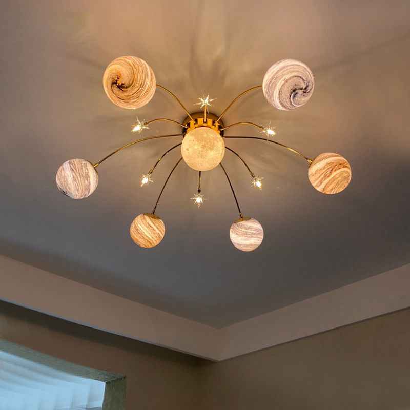 Modern Nordic 13-Light Semi-Flush Mount Ceiling Light with Iron and Glass Earth Planet Design for Kids' Bedroom