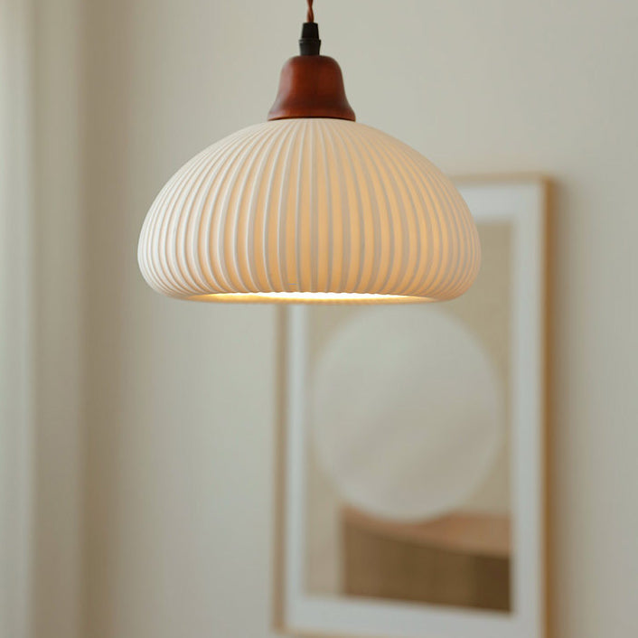 Vintage Japanese Ceramic Round Dome Pendant Light with Pleated Design and Wooden Accents - Cendre Home