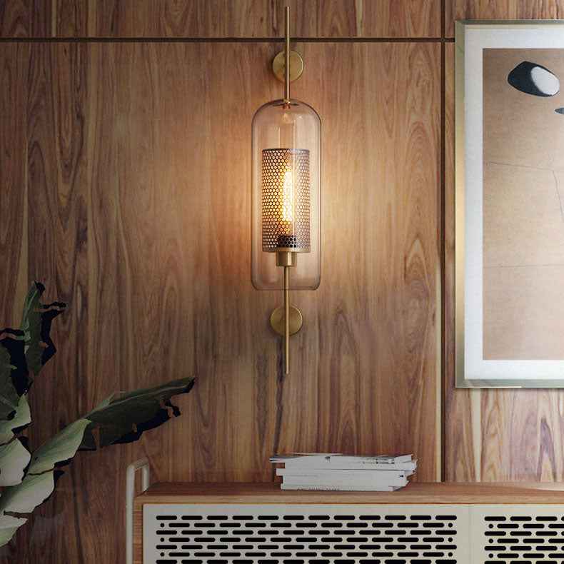 Modern Industrial Cylinder Glass Shade Wall Sconce Lamp with Iron Finish Frame - 1-Light Design for Bedroom