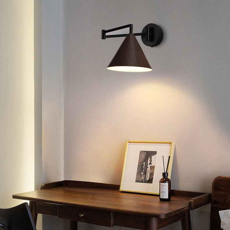 Nordic Minimalist Cone Swing Arm Wall Sconce - Wood Grain Iron, 1-Light