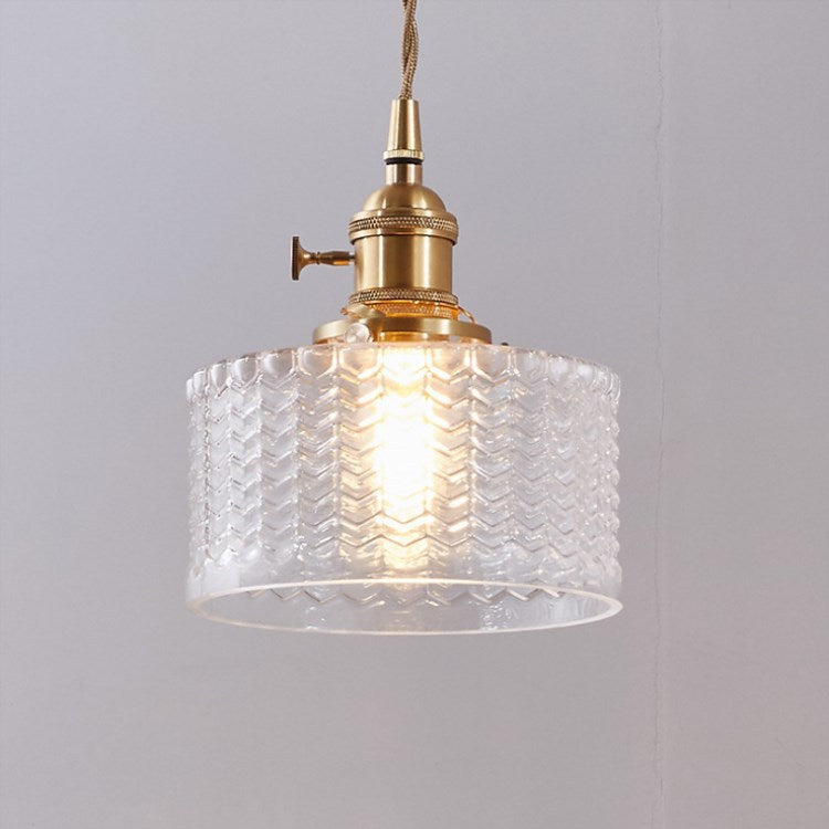 Vintage Japanese Brass and Glass Round Pendant Light with One Bulb