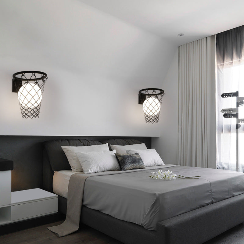Contemporary Art Deco Kids' Iron and Glass Basketball Hoop Wall Sconce Lamp - 1-Light Design for Bedroom