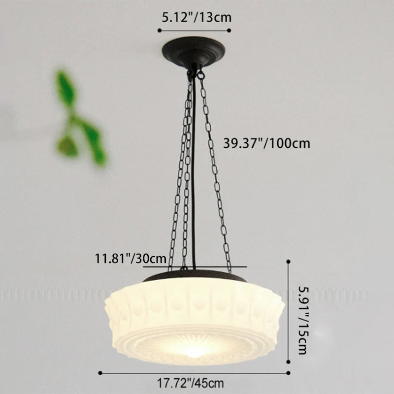 Vintage French White Jade Glass Striped Round Drum LED Semi-Flush Mount Ceiling Light