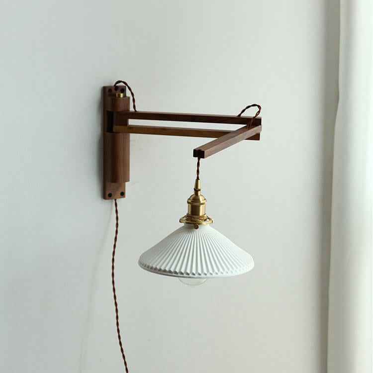 Nordic White Striped Glass Wall Sconce Lamp with Walnut Retractable Design - 1 Light
