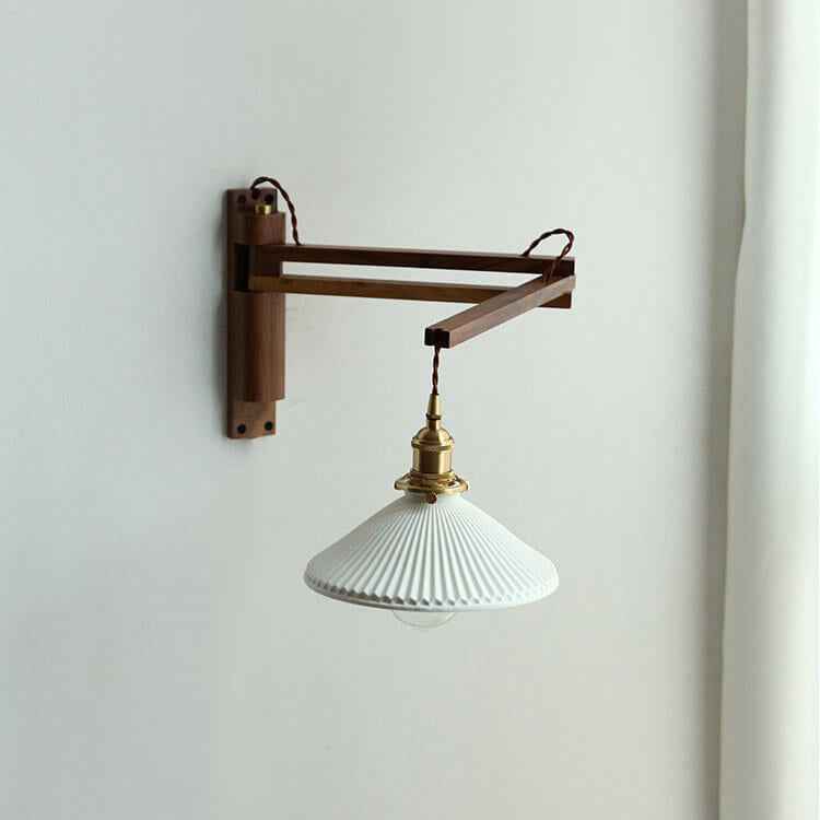 Nordic White Striped Glass Wall Sconce Lamp with Walnut Retractable Design - 1 Light