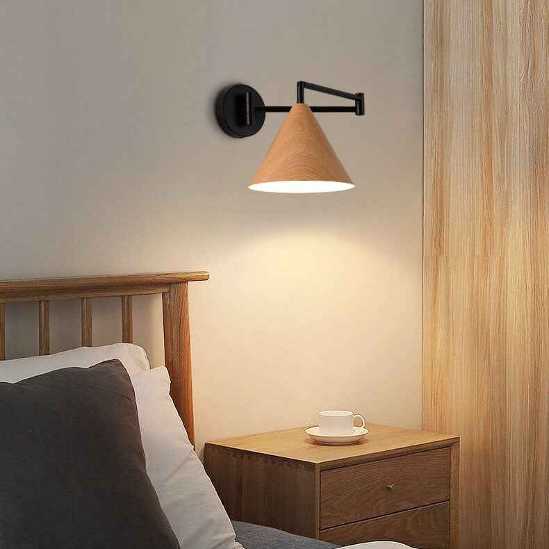 Nordic Minimalist Cone Swing Arm Wall Sconce - Wood Grain Iron, 1-Light