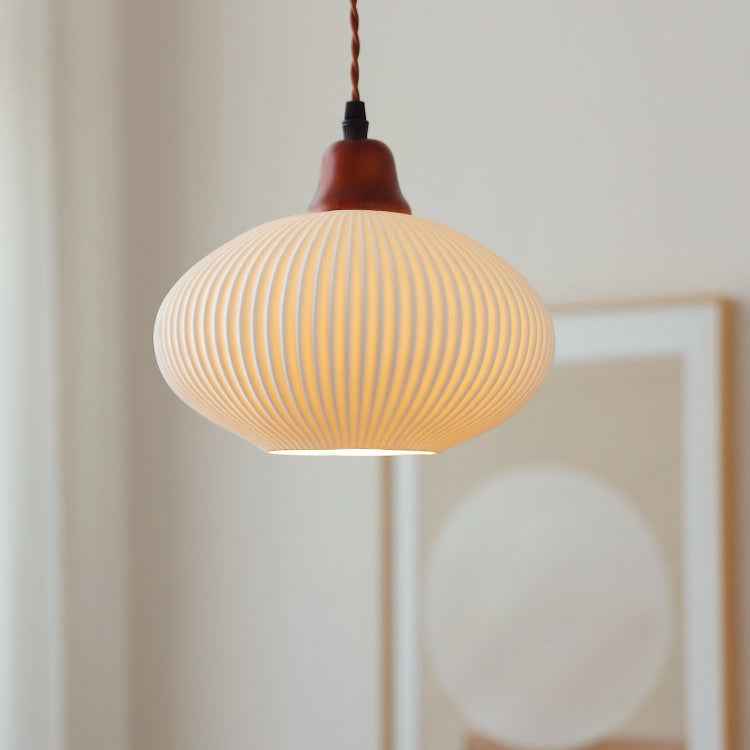 Vintage Japanese Ceramic Round Dome Pendant Light with Pleated Design and Wooden Accents