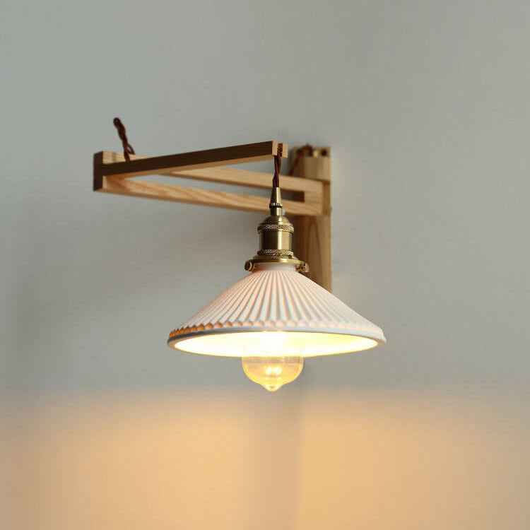 Nordic White Striped Glass Wall Sconce Lamp with Walnut Retractable Design - 1 Light