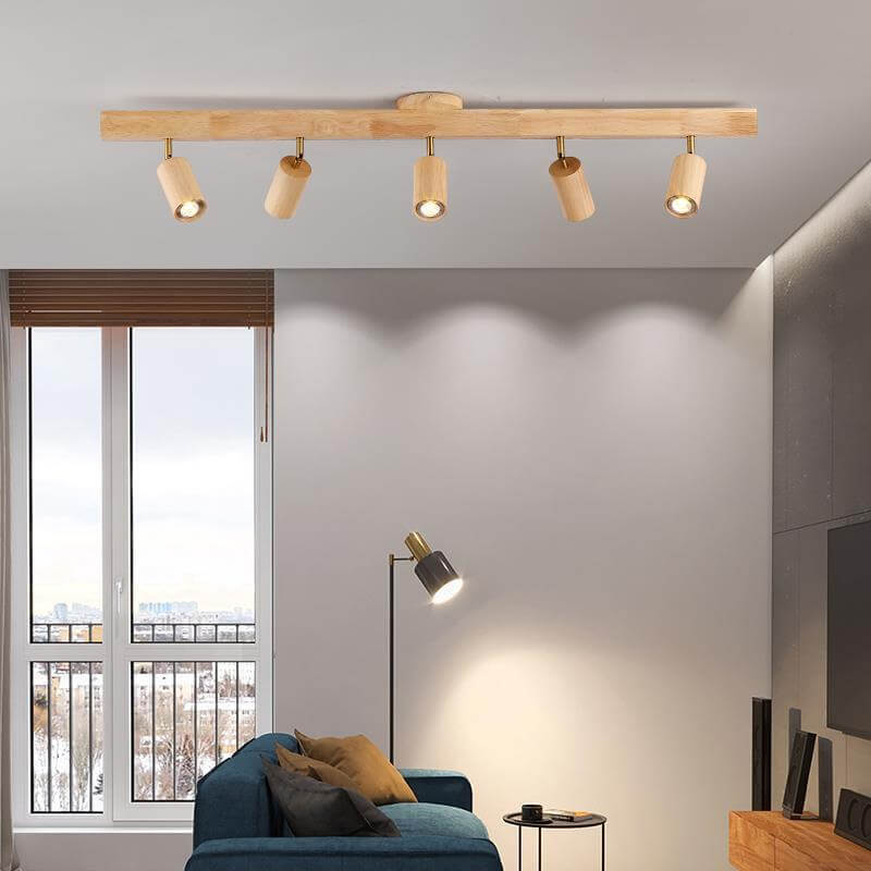Japanese Minimalist LED Wooden Track Lighting - Semi-Flush Mount Ceiling Light (2/3/4/5 Lights)