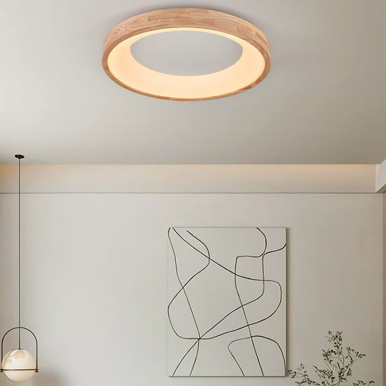 Round LED Flush Mount Ceiling Light in Nordic Minimalist Log Wood Design