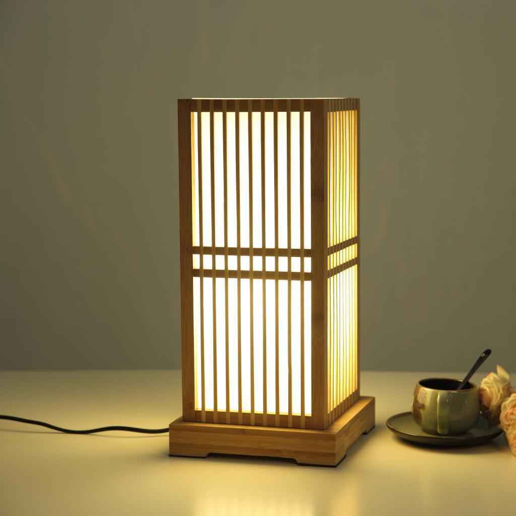Minimalist Japanese Wooden Square Column Table Lamp with Single Light