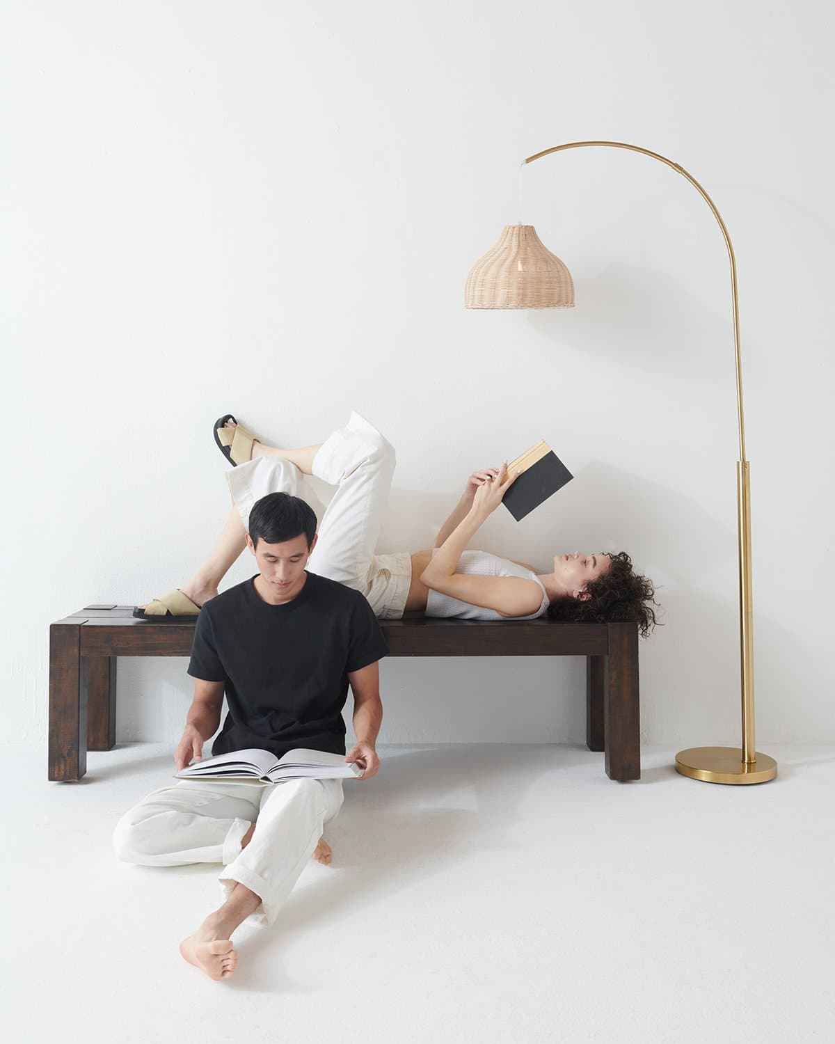 Luxe Arc Floor Lamp | Brass Finish, Wicker Shade