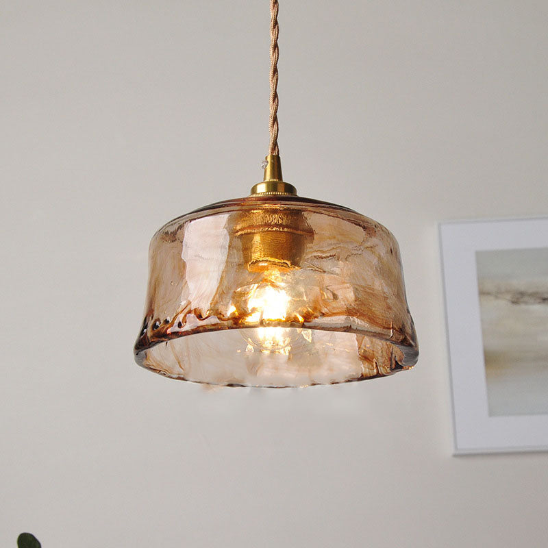Retro Amber Glass Drum Pendant Light with Brass Accent - 1-Light