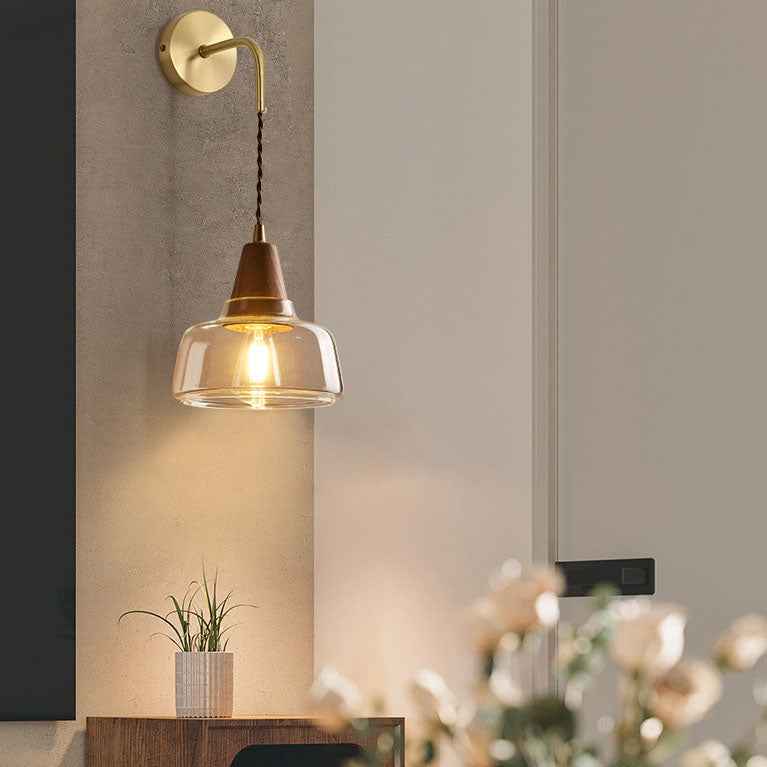 1-Light Wall Sconce Lamp with Japanese Walnut, Glass, and Copper Cylinder Design