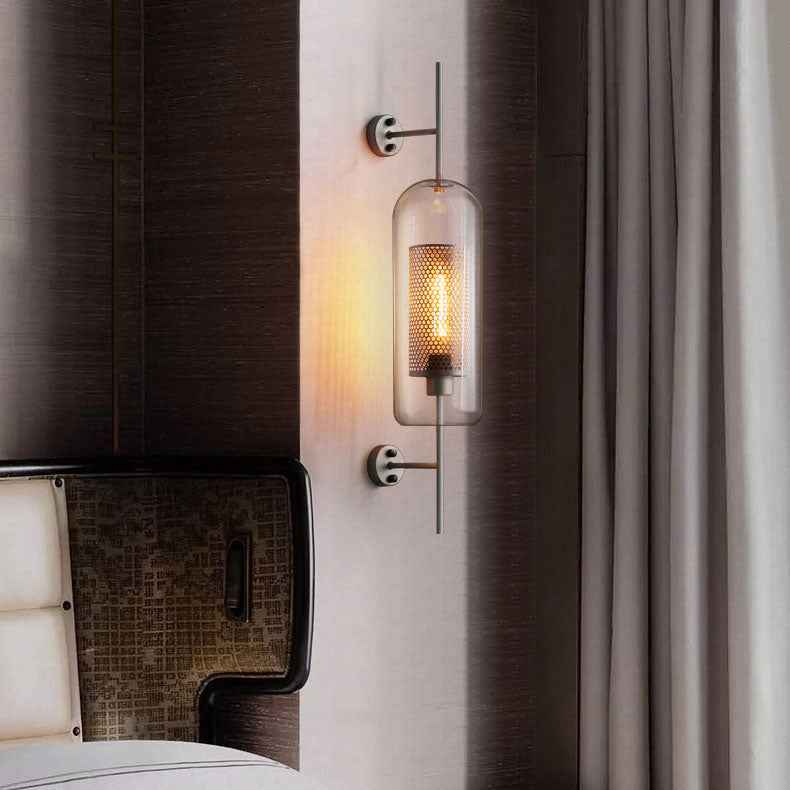 Modern Industrial Cylinder Glass Shade Wall Sconce Lamp with Iron Finish Frame - 1-Light Design for Bedroom