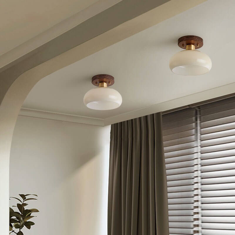 Artistic Vintage Walnut and Brass Round Semi-Flush Mount Ceiling Light with One Bulb