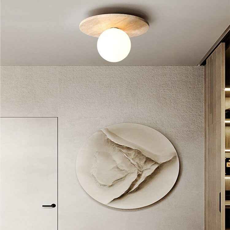 Classic Vintage Round Travertine 1-Light Flush Mount Ceiling Fixture for Hallways