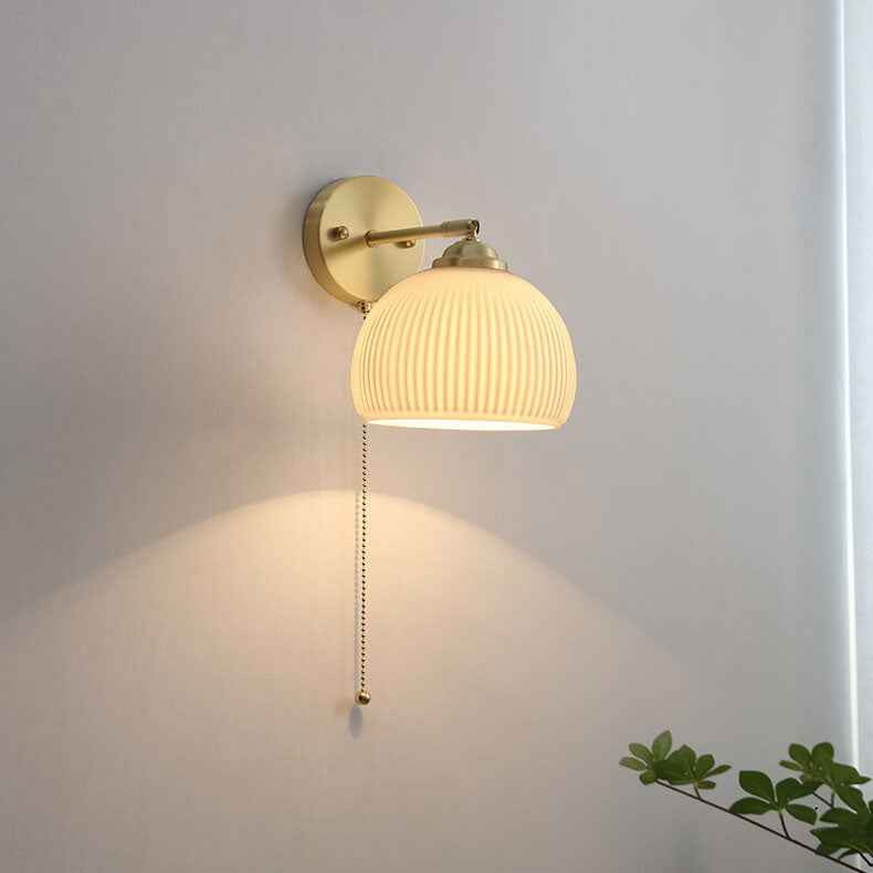 Nordic Style White Glass and Brass 1-Light Wall Sconce with Pull Cord