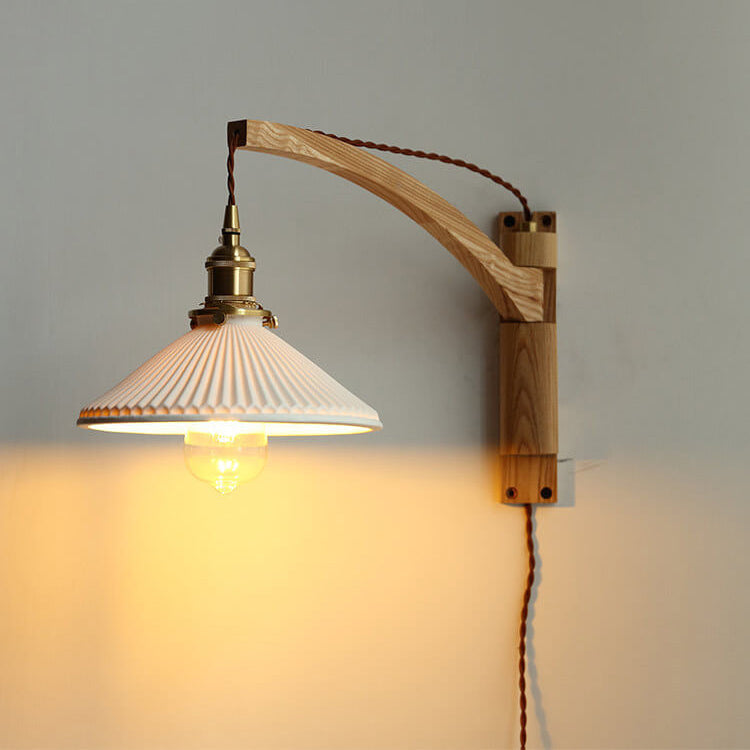 Nordic White Striped Glass Wall Sconce Lamp with Walnut Retractable Design - 1 Light