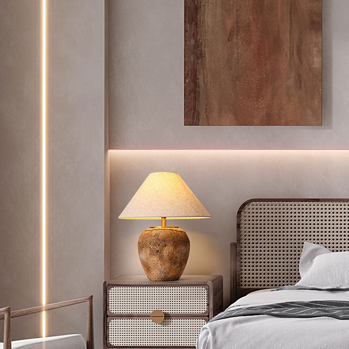 Contemporary Shabby Chic Cone-Shaped Fabric and Ceramic 1-Light Table Lamp for Bedroom