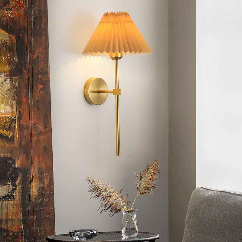 Retro Pleated Fabric Shade Wall Sconce Lamp with Straight Arm - 1-Light
