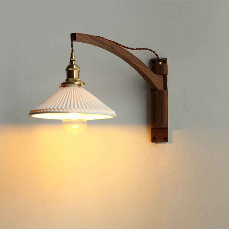 Nordic White Striped Glass Wall Sconce Lamp with Walnut Retractable Design - 1 Light