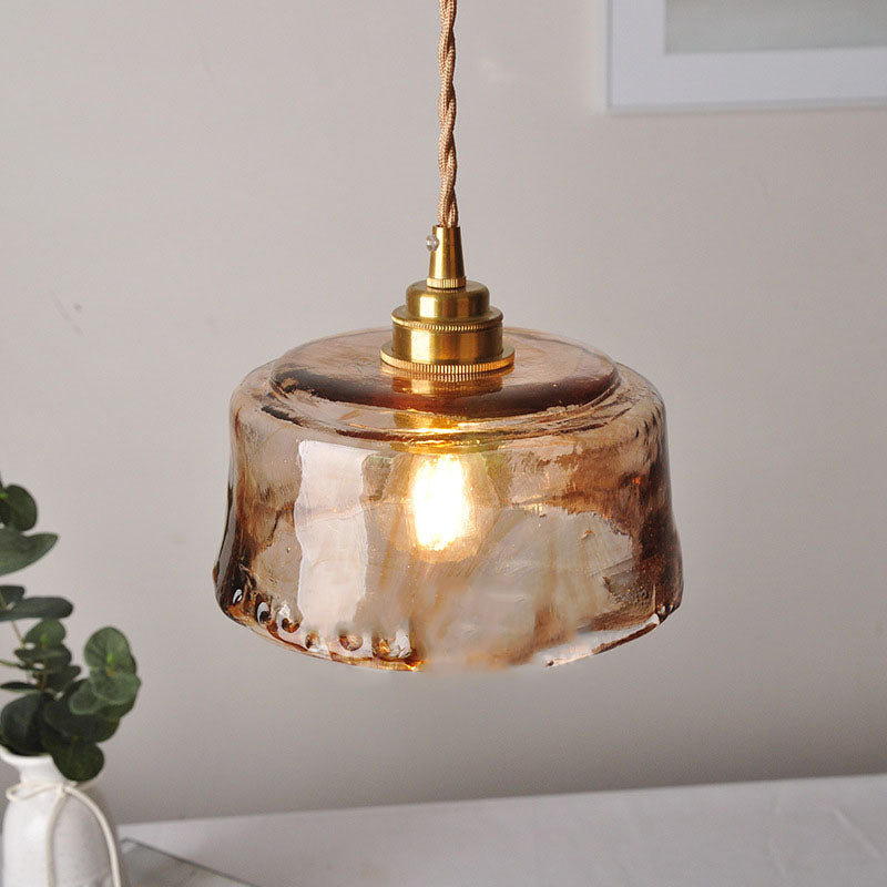 Retro Amber Glass Drum Pendant Light with Brass Accent - 1-Light