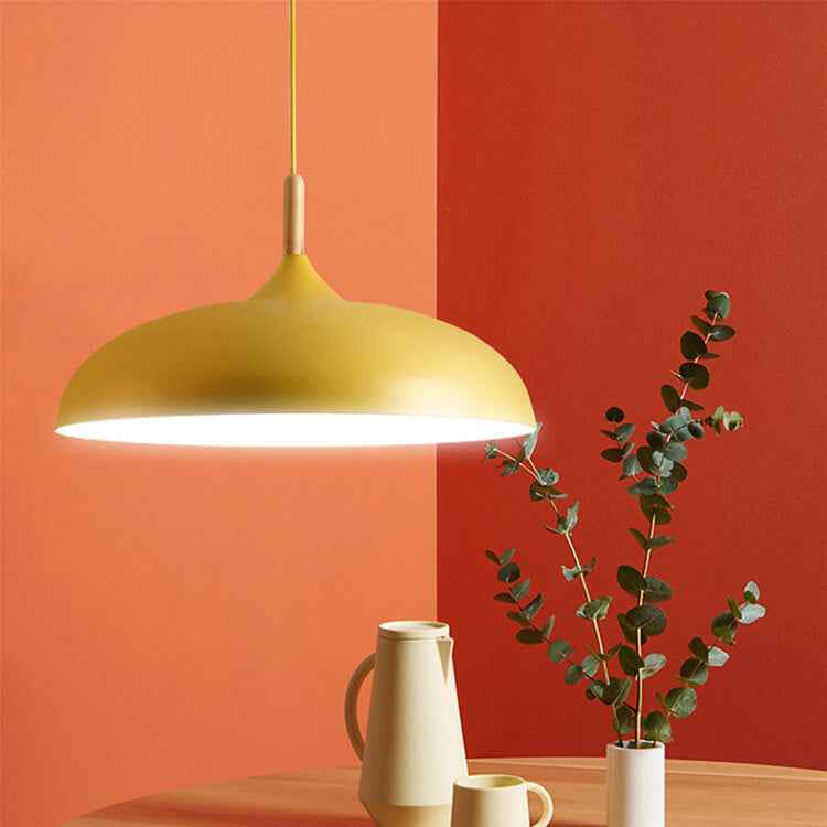 Contemporary Metal Pendant Light with Wooden Top - 1-Light Dome Design