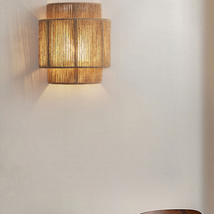 Curved 1-Light Wall Sconce Lamp with Traditional Japanese Rope Weaving for Living Room
