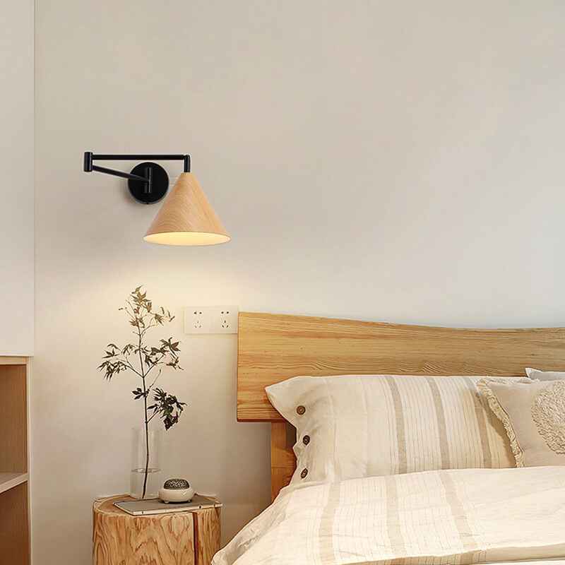 Nordic Minimalist Cone Swing Arm Wall Sconce - Wood Grain Iron, 1-Light