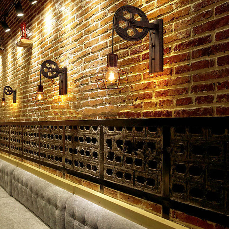 Retro Industrial Iron Wall Sconce Lamp with Single Pulley Light