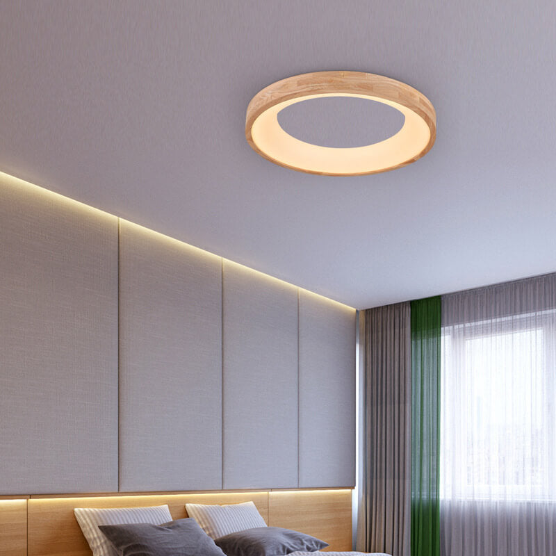 Round LED Flush Mount Ceiling Light in Nordic Minimalist Log Wood Design