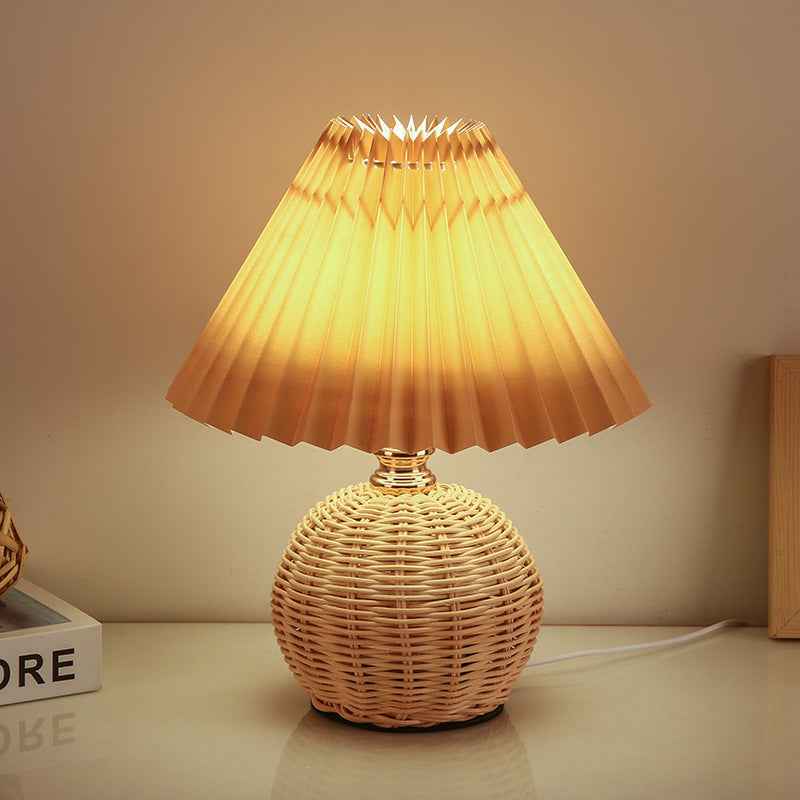 Modern Nordic Rattan Fabric Pleated Conical LED Table Lamp for Bedroom