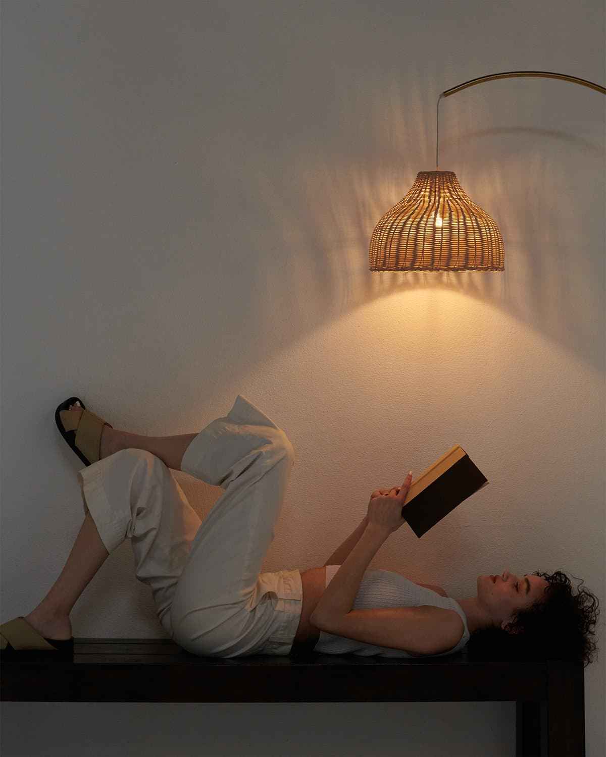 Luxe Arc Floor Lamp | Brass Finish, Wicker Shade