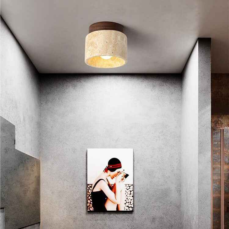 Classic Vintage Round Travertine 1-Light Flush Mount Ceiling Fixture for Hallways