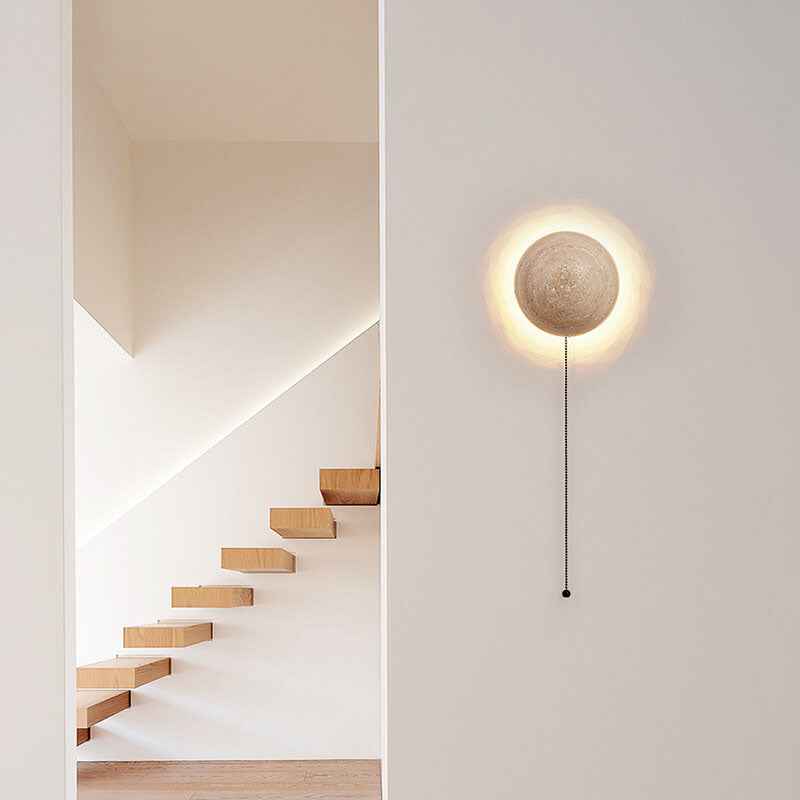 Minimalist Japanese Round Yellow Travertine Wabi-Sabi LED Wall Sconce