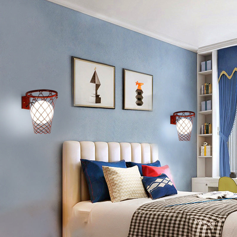 Contemporary Art Deco Kids' Iron and Glass Basketball Hoop Wall Sconce Lamp - 1-Light Design for Bedroom