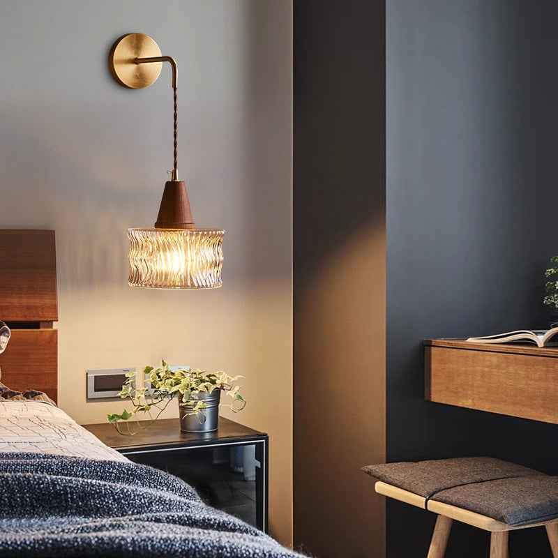 1-Light Wall Sconce Lamp with Japanese Walnut, Glass, and Copper Cylinder Design
