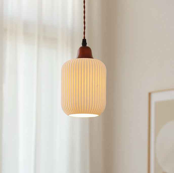 Vintage Japanese Ceramic Round Dome Pendant Light with Pleated Design and Wooden Accents