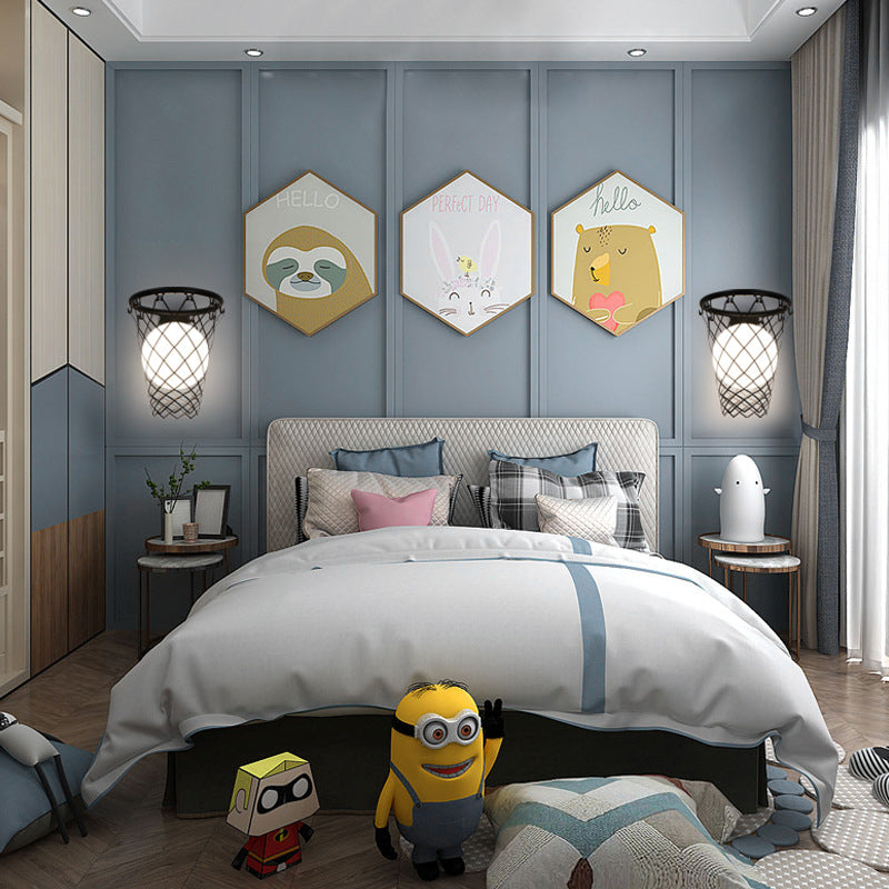 Contemporary Art Deco Kids' Iron and Glass Basketball Hoop Wall Sconce Lamp - 1-Light Design for Bedroom