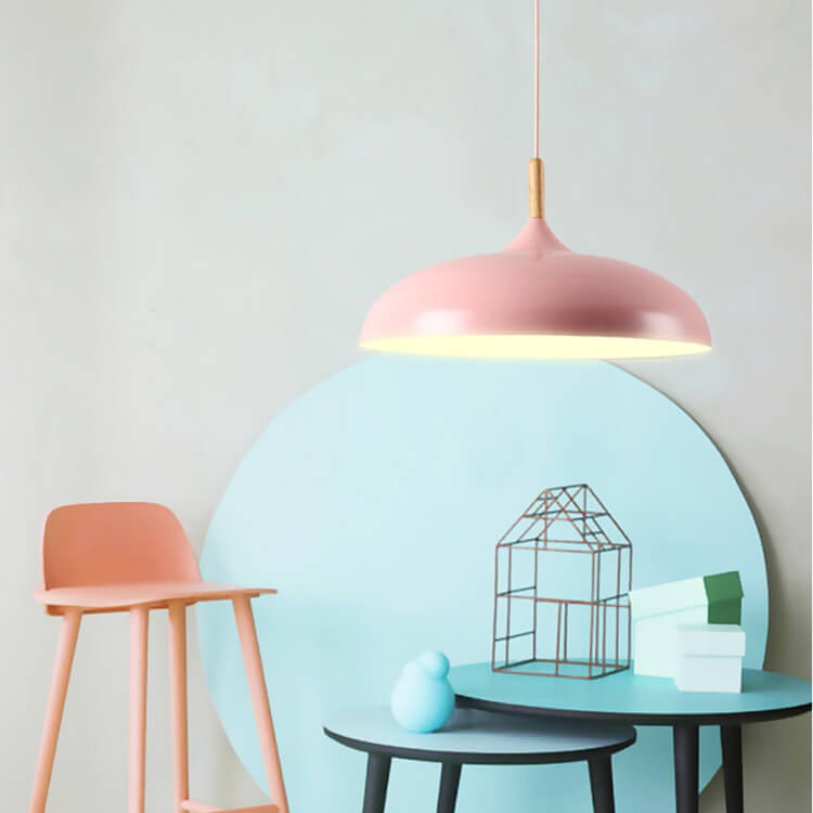 Contemporary Metal Pendant Light with Wooden Top - 1-Light Dome Design